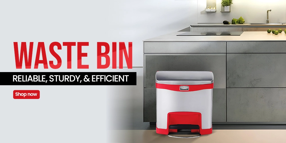 Sleek black Rubbermaid waste bin beside hotel vanity for heavy-duty use and easy cleaning